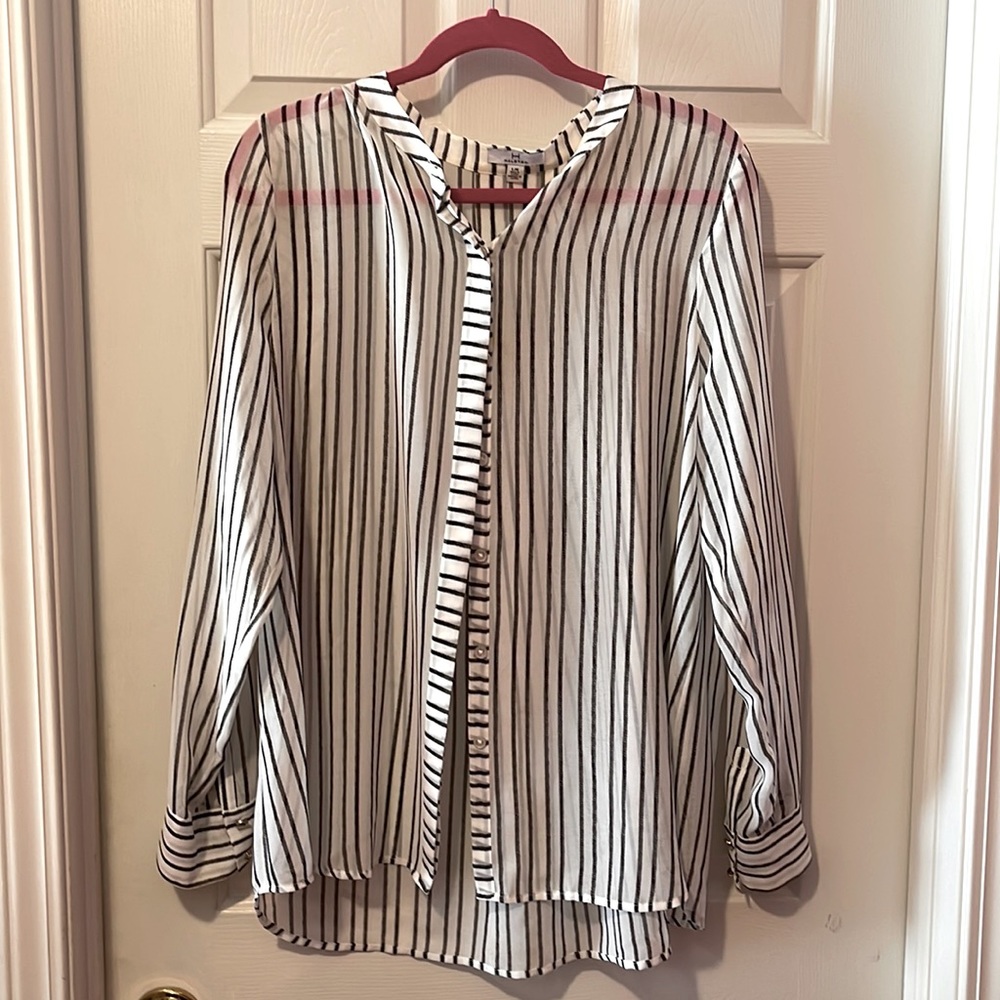 H by Halston White Blouse with Black Vertical Stripes